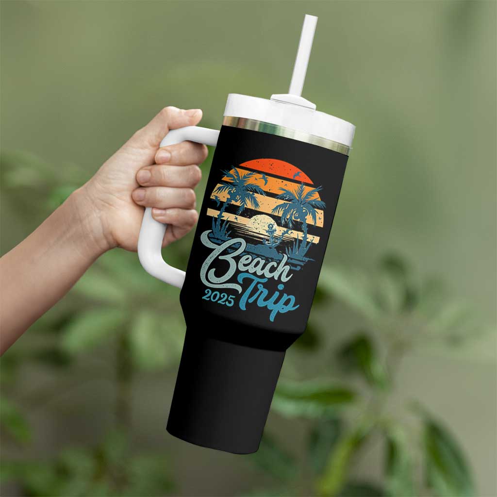 Beach Trip 2025 Tumbler With Handle Summer Vacation Vintage 70's Retro - Wonder Print Shop