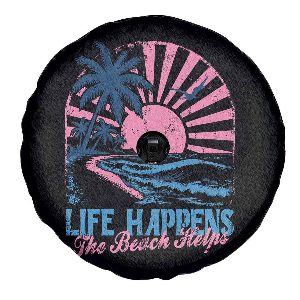 Life Happens The Beach Helps Spare Tire Cover Retro Coastal Ocean Therapy Cute Summer Vibes - Wonder Print Shop