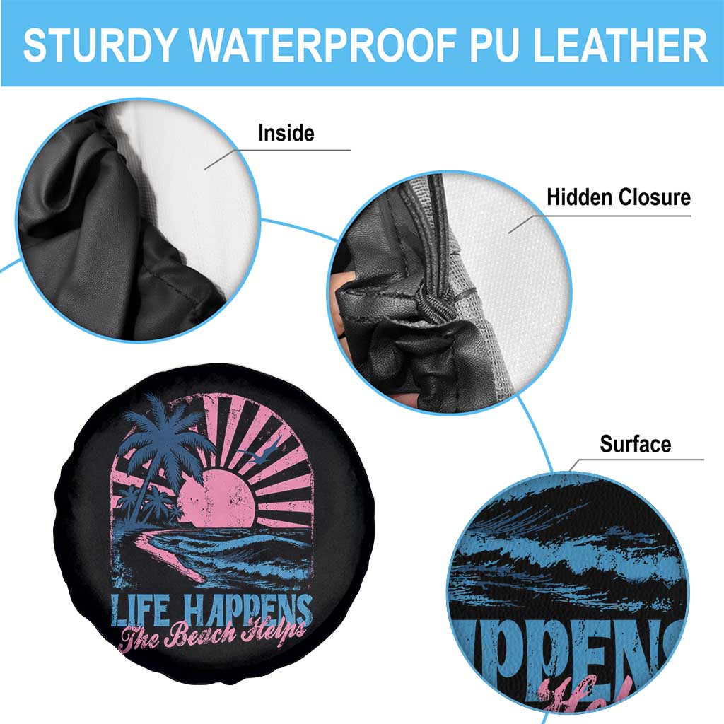 Life Happens The Beach Helps Spare Tire Cover Retro Coastal Ocean Therapy Cute Summer Vibes - Wonder Print Shop