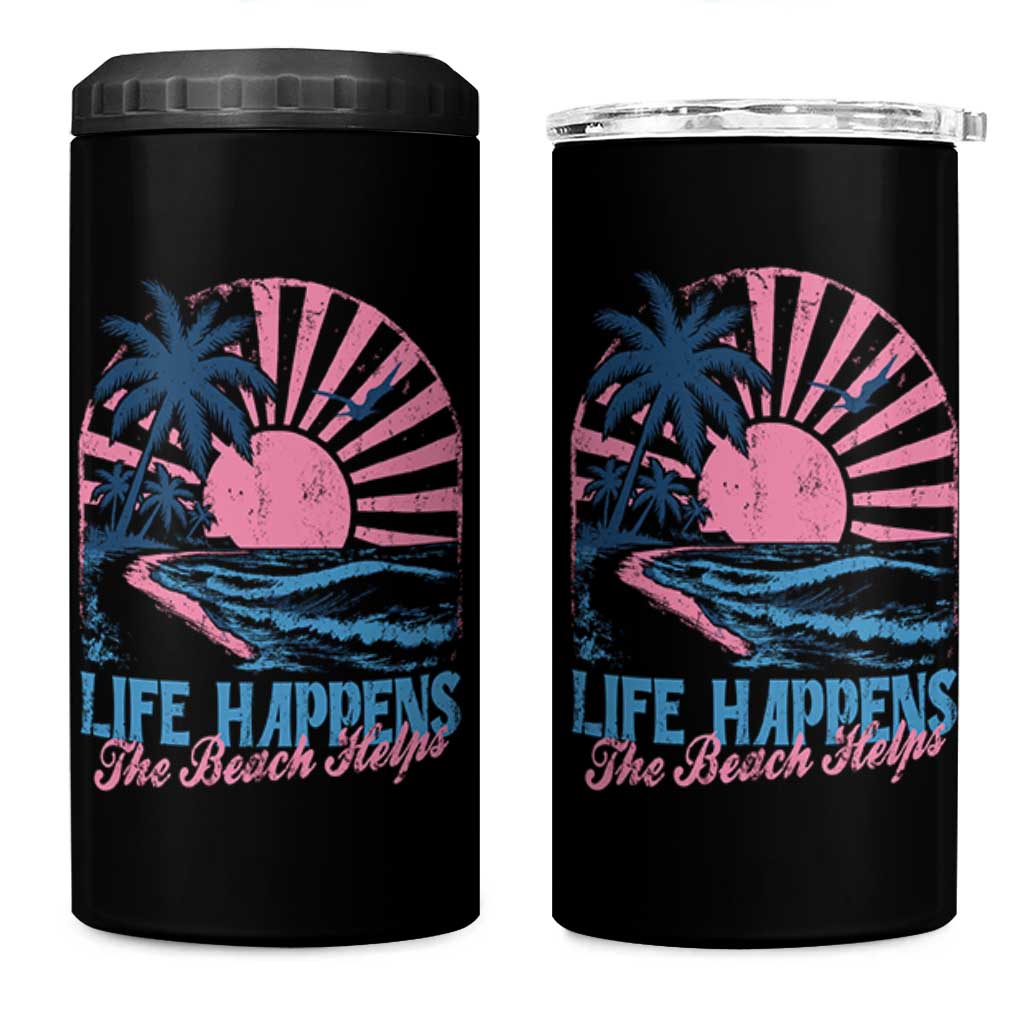 Life Happens The Beach Helps 4 in 1 Can Cooler Tumbler Retro Coastal Ocean Therapy Cute Summer Vibes - Wonder Print Shop