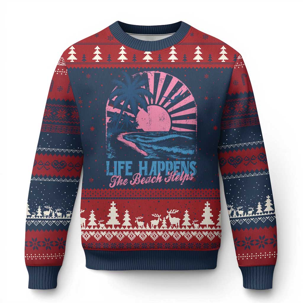 Life Happens The Beach Helps Ugly Christmas Sweater Retro Coastal Ocean Therapy Cute Summer Vibes - Wonder Print Shop