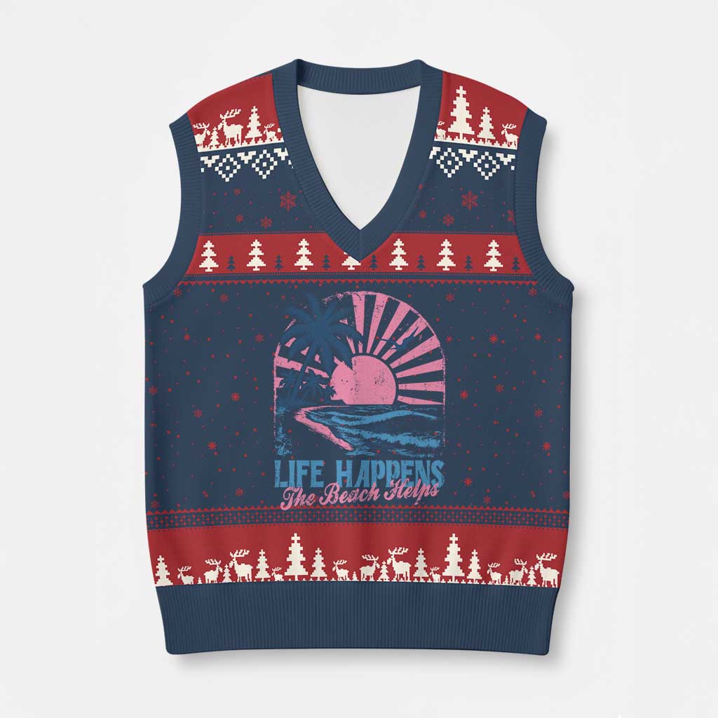 Life Happens The Beach Helps V-Neck Knit Sweater Vest Retro Coastal Ocean Therapy Cute Summer Vibes - Wonder Print Shop