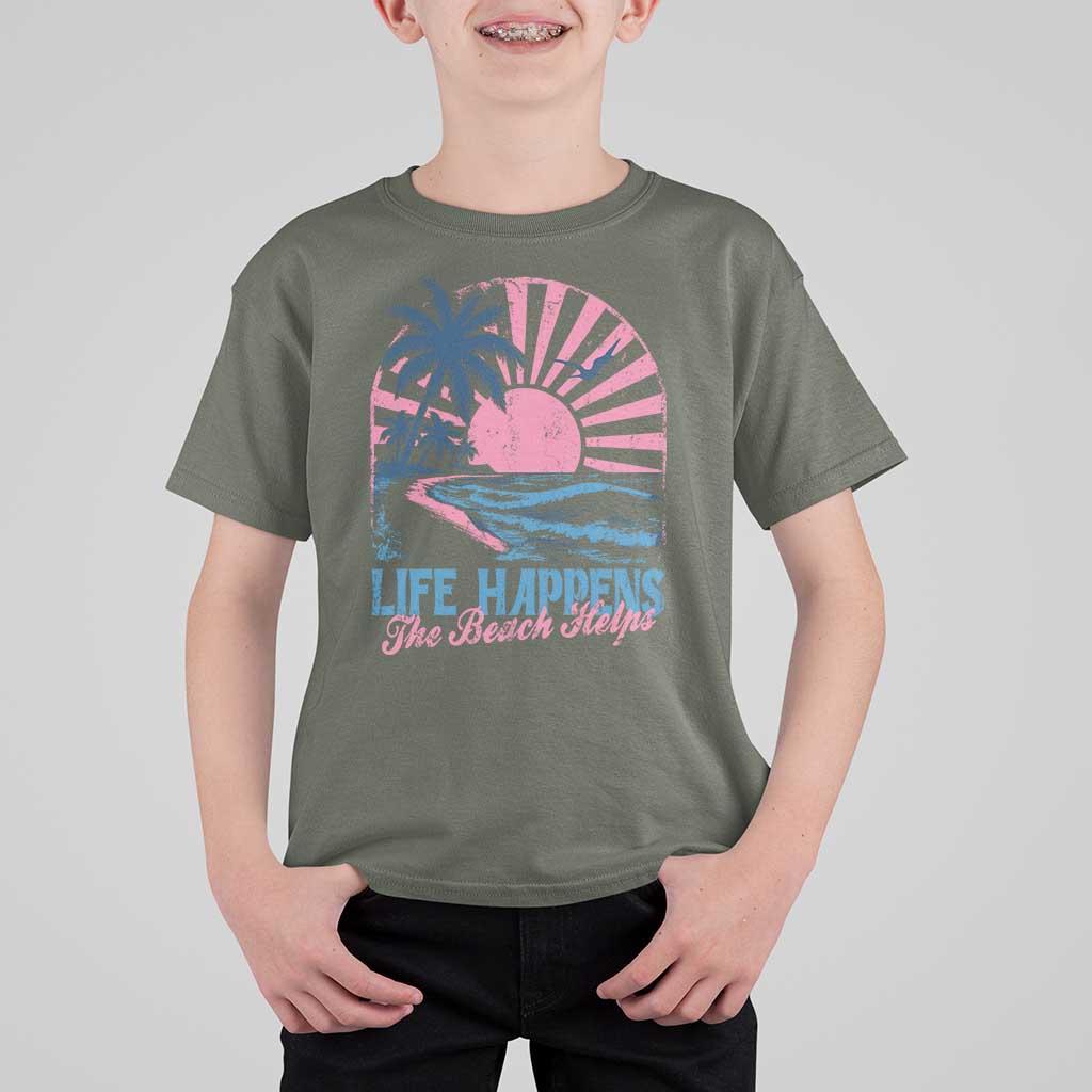 Life Happens The Beach Helps T Shirt For Kid Retro Coastal Ocean Therapy Cute Summer Vibes - Wonder Print Shop