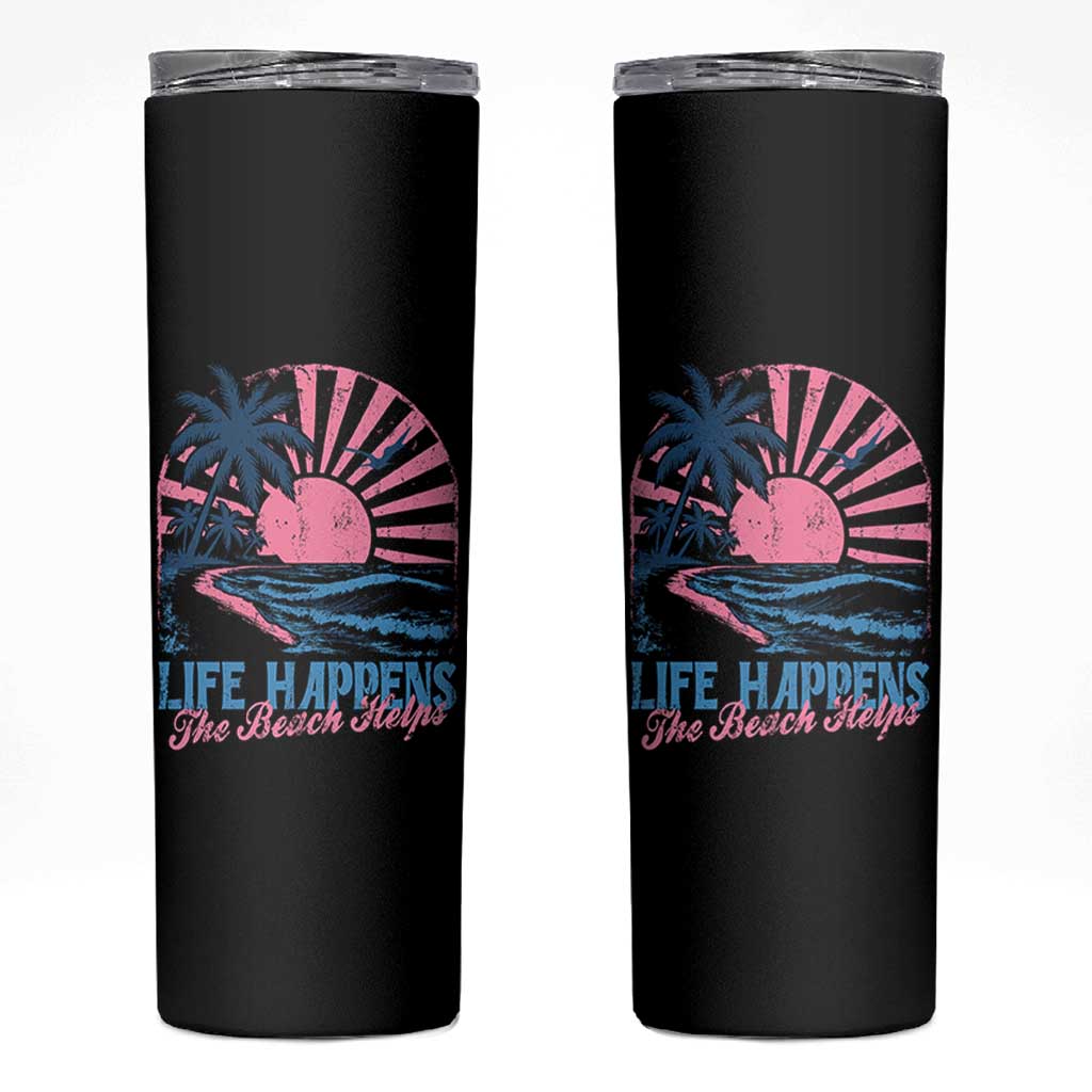 Life Happens The Beach Helps Skinny Tumbler Retro Coastal Ocean Therapy Cute Summer Vibes - Wonder Print Shop