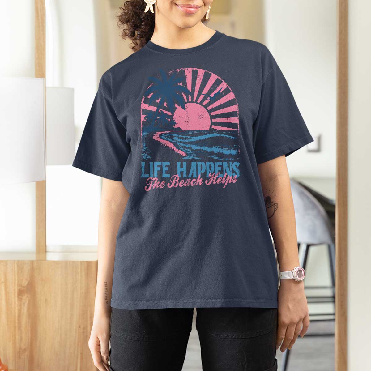 Life Happens The Beach Helps T Shirt For Women Retro Coastal Ocean Therapy Cute Summer Vibes - Wonder Print Shop