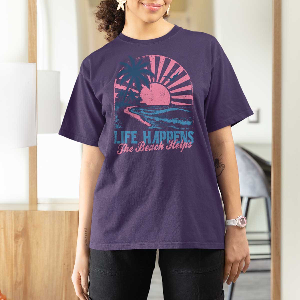 Life Happens The Beach Helps T Shirt For Women Retro Coastal Ocean Therapy Cute Summer Vibes - Wonder Print Shop