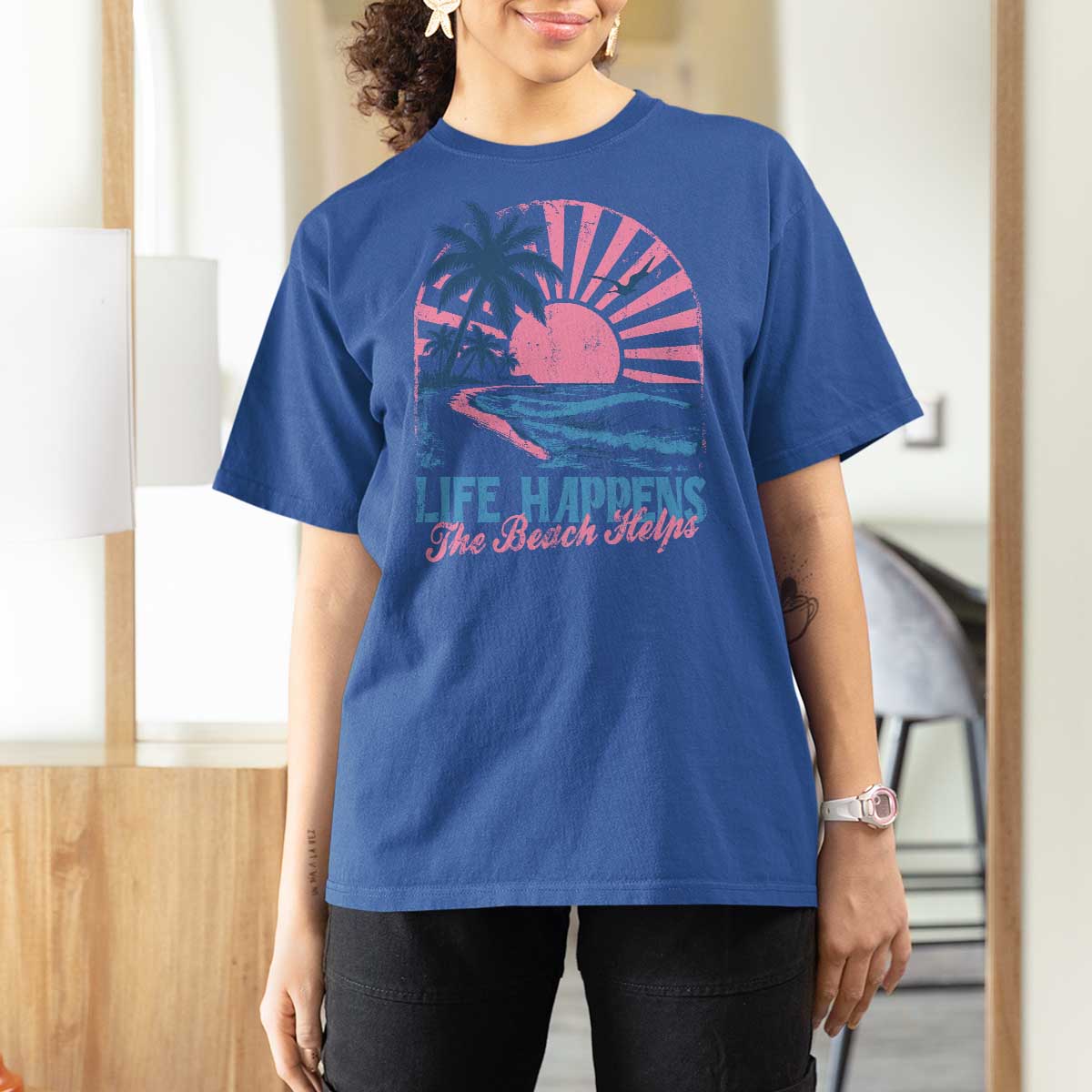 Life Happens The Beach Helps T Shirt For Women Retro Coastal Ocean Therapy Cute Summer Vibes - Wonder Print Shop