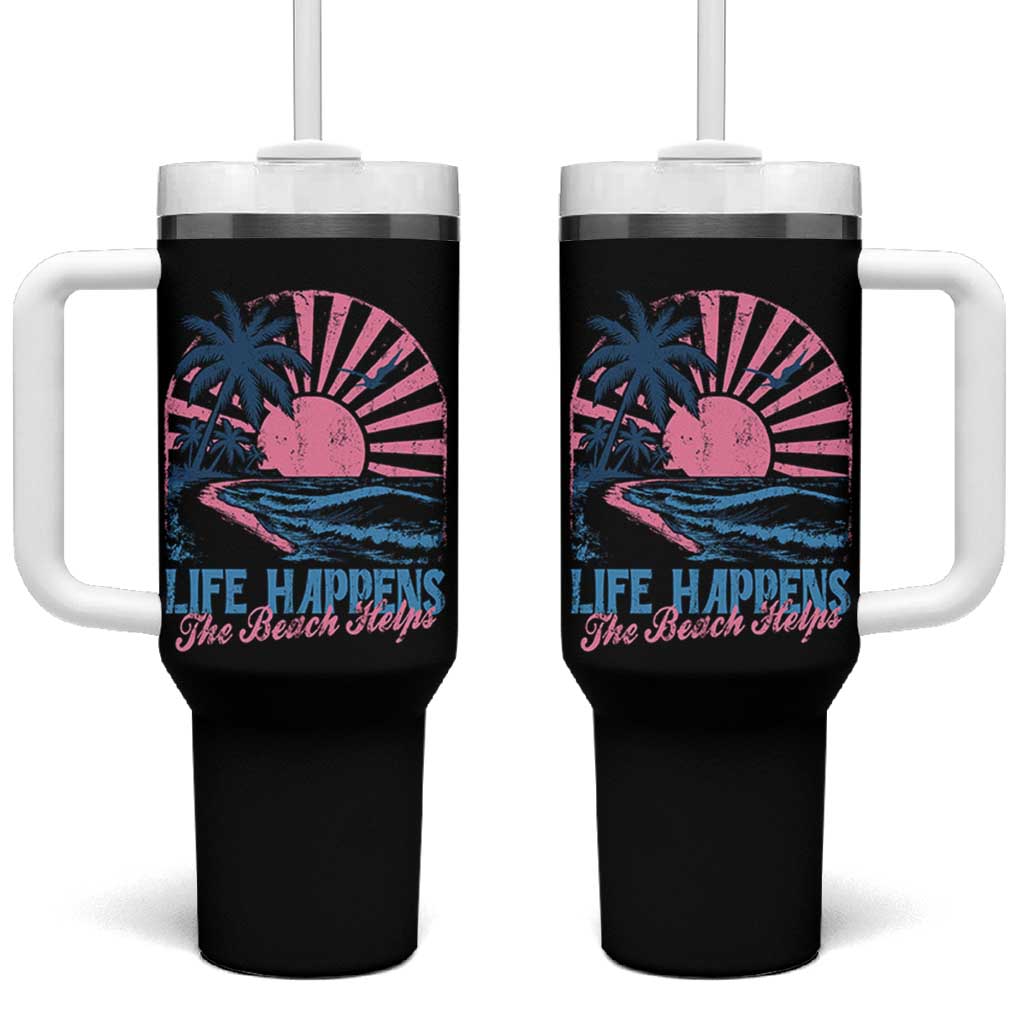 Life Happens The Beach Helps Tumbler With Handle Retro Coastal Ocean Therapy Cute Summer Vibes - Wonder Print Shop