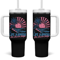 Life Happens The Beach Helps Tumbler With Handle Retro Coastal Ocean Therapy Cute Summer Vibes - Wonder Print Shop