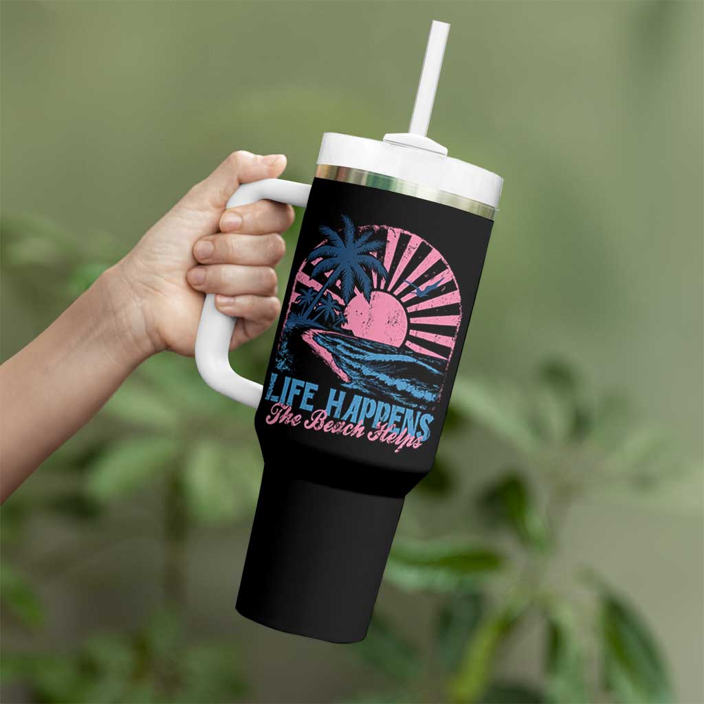 Life Happens The Beach Helps Tumbler With Handle Retro Coastal Ocean Therapy Cute Summer Vibes - Wonder Print Shop