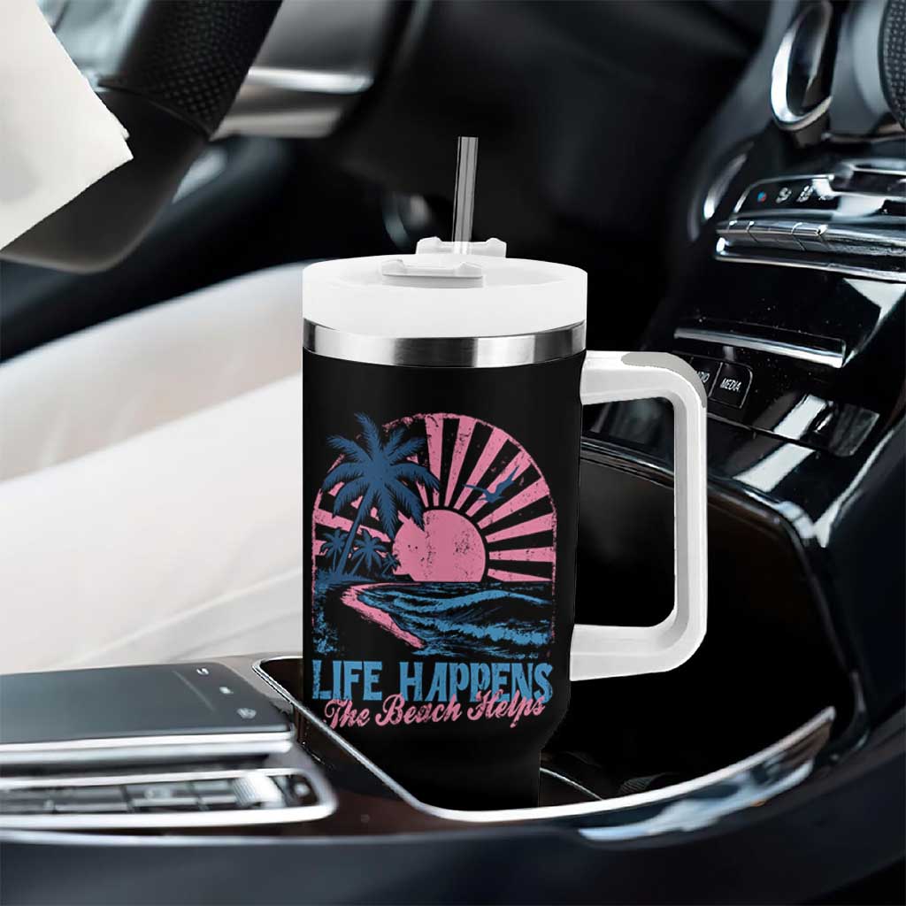 Life Happens The Beach Helps Tumbler With Handle Retro Coastal Ocean Therapy Cute Summer Vibes - Wonder Print Shop