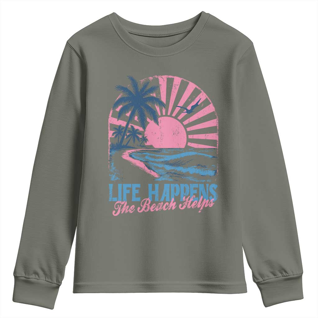 Life Happens The Beach Helps Youth Sweatshirt Retro Coastal Ocean Therapy Cute Summer Vibes - Wonder Print Shop