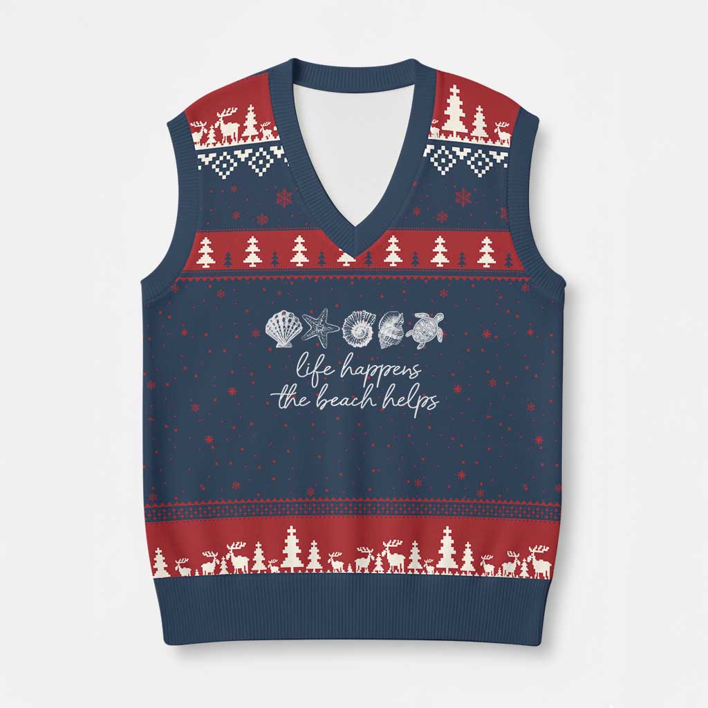 Life Happens The Beach Helps V-Neck Knit Sweater Vest Coastal Ocean Therapy Cute Summer Vibes - Wonder Print Shop