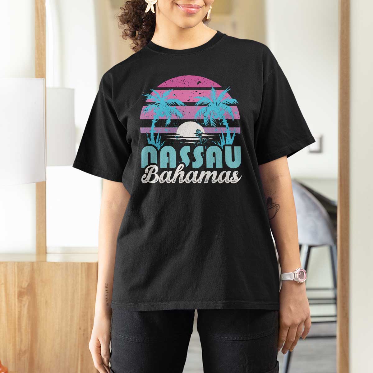 Vintage Nassau T Shirt For Women Tropical Island Palm Trees Beach Bahamas Vacation - Wonder Print Shop
