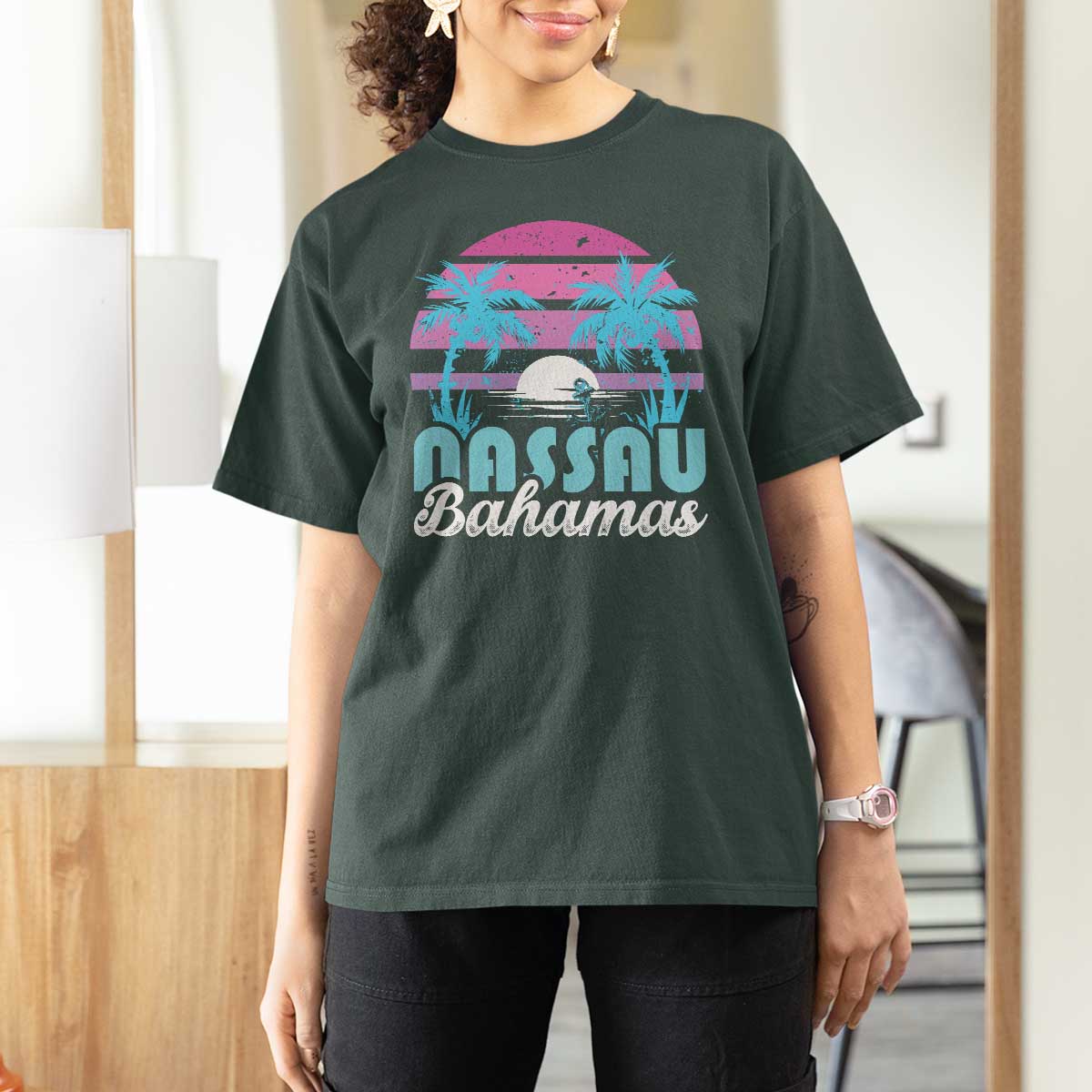 Vintage Nassau T Shirt For Women Tropical Island Palm Trees Beach Bahamas Vacation - Wonder Print Shop
