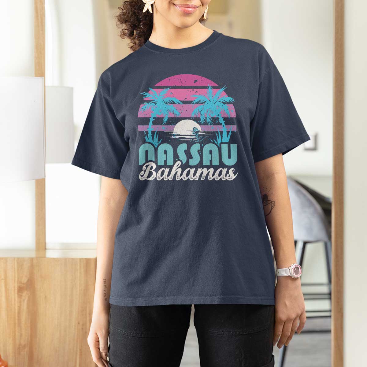 Vintage Nassau T Shirt For Women Tropical Island Palm Trees Beach Bahamas Vacation - Wonder Print Shop