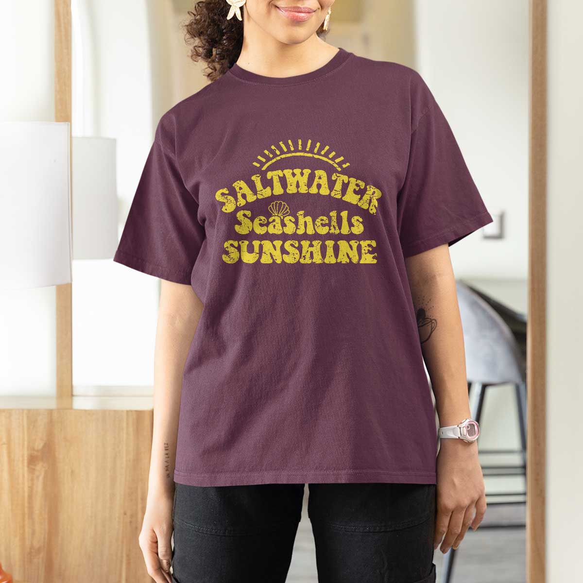 Saltwater Seashells Sunshine T Shirt For Women Beach Summer Vacation Vintage 70's Retro - Wonder Print Shop