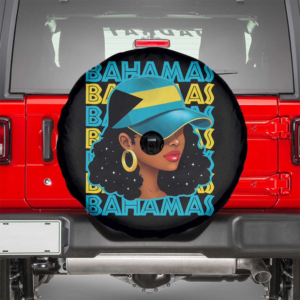 Bahamian Girl Spare Tire Cover Melanin Afro Messy Bun Black Woman Bahamas Flag - Wonder Print Shop