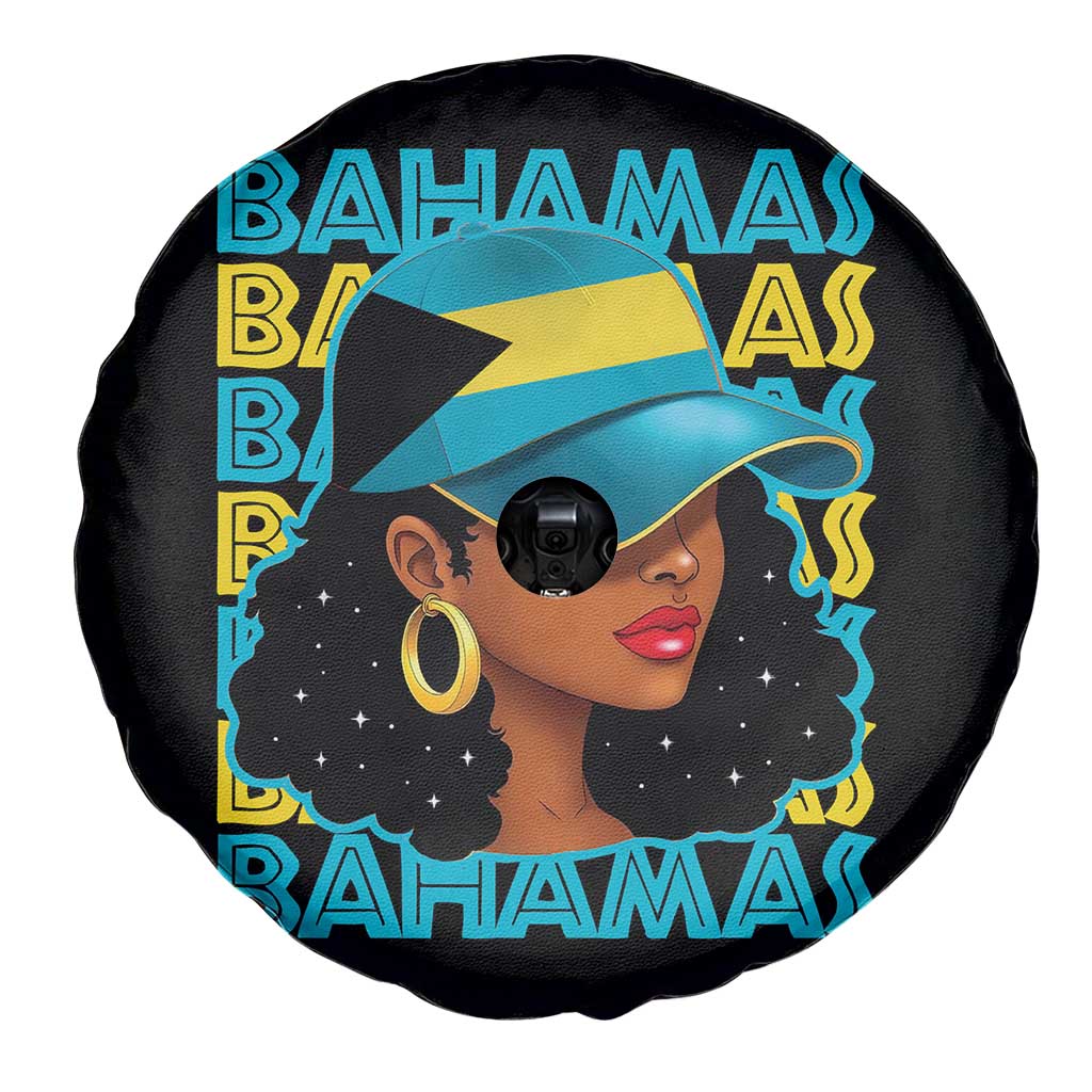 Bahamian Girl Spare Tire Cover Melanin Afro Messy Bun Black Woman Bahamas Flag - Wonder Print Shop