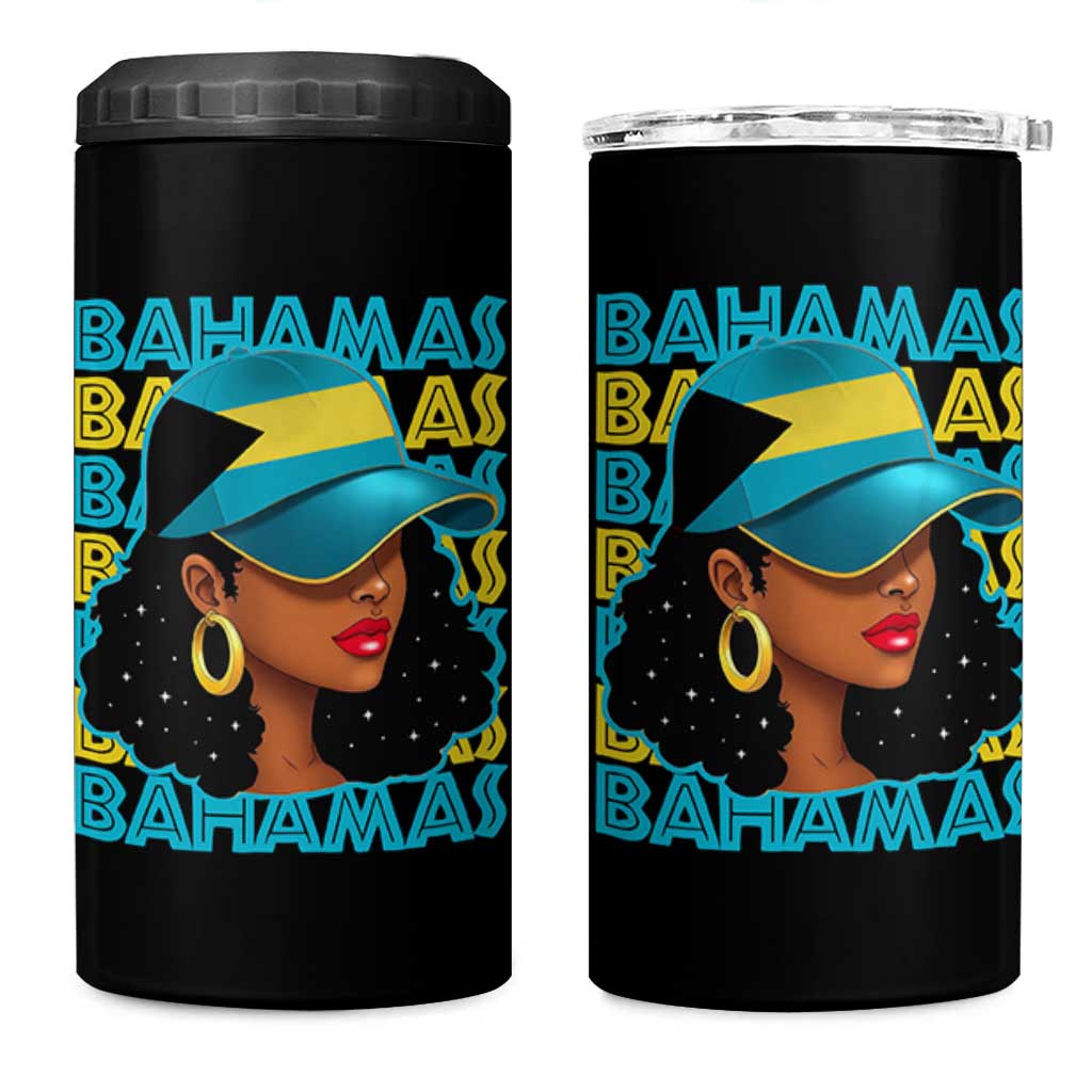 Bahamian Girl 4 in 1 Can Cooler Tumbler Melanin Afro Messy Bun Black Woman Bahamas Flag - Wonder Print Shop