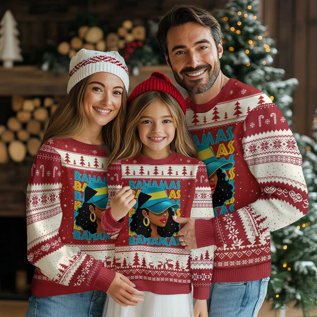 Bahamian Girl Ugly Christmas Sweater Melanin Afro Messy Bun Black Woman Bahamas Flag - Wonder Print Shop