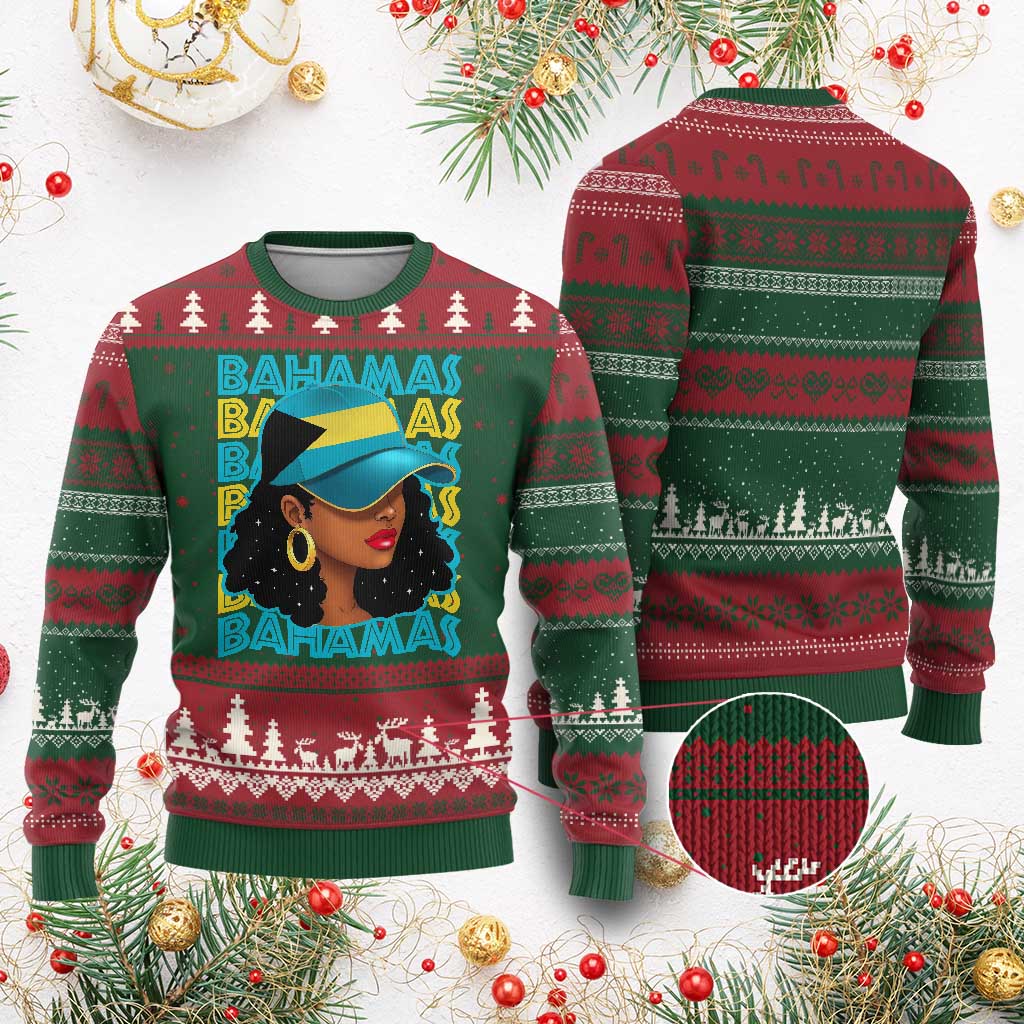 Bahamian Girl Ugly Christmas Sweater Melanin Afro Messy Bun Black Woman Bahamas Flag - Wonder Print Shop