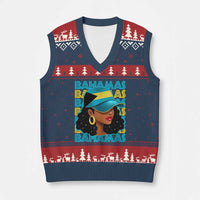 Bahamian Girl V-Neck Knit Sweater Vest Melanin Afro Messy Bun Black Woman Bahamas Flag - Wonder Print Shop