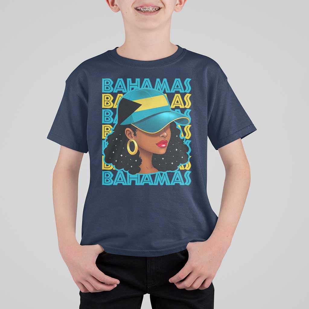 Bahamian Girl T Shirt For Kid Melanin Afro Messy Bun Black Woman Bahamas Flag - Wonder Print Shop