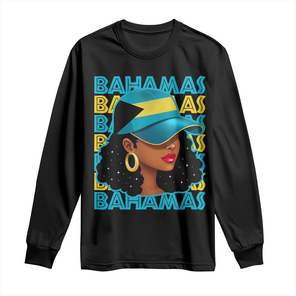 Bahamian Girl Long Sleeve Shirt Melanin Afro Messy Bun Black Woman Bahamas Flag - Wonder Print Shop