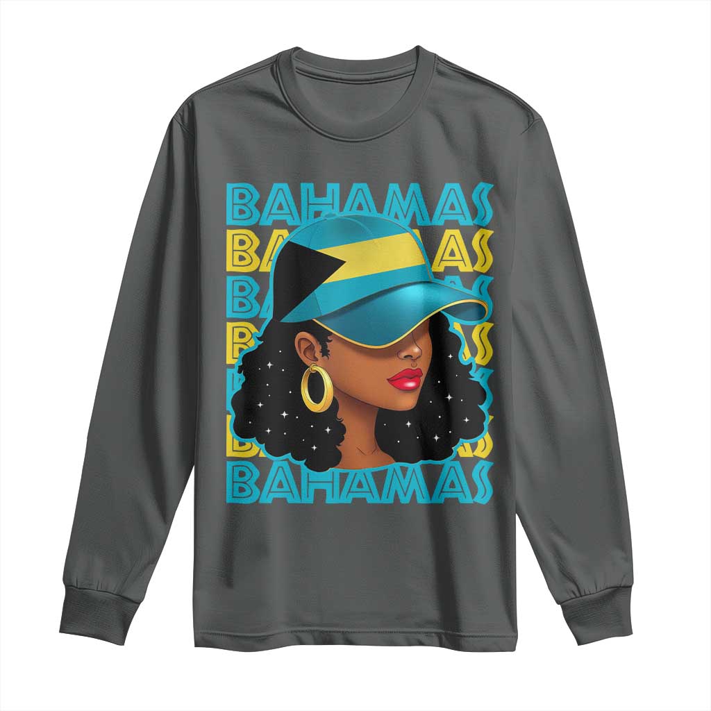 Bahamian Girl Long Sleeve Shirt Melanin Afro Messy Bun Black Woman Bahamas Flag - Wonder Print Shop