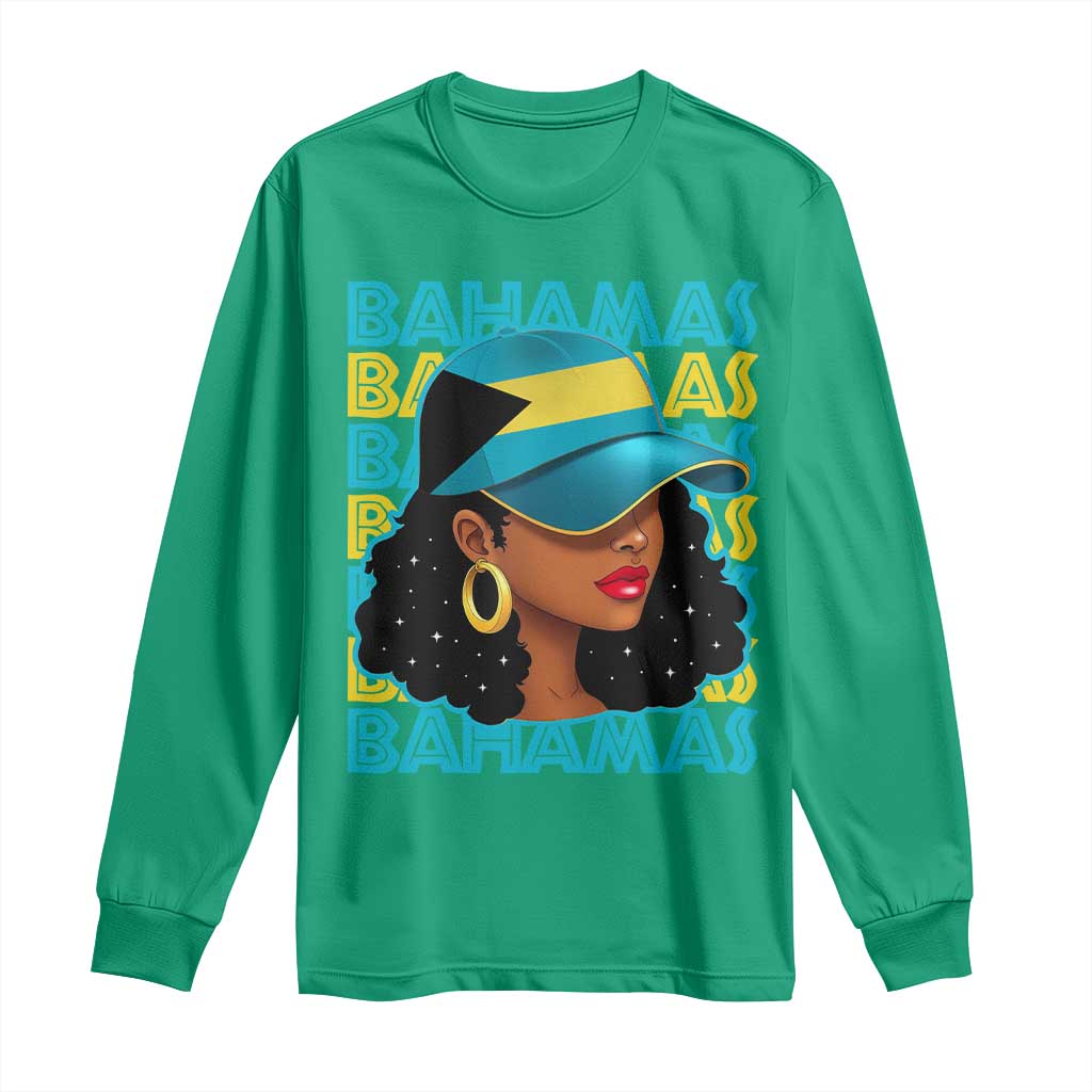 Bahamian Girl Long Sleeve Shirt Melanin Afro Messy Bun Black Woman Bahamas Flag - Wonder Print Shop