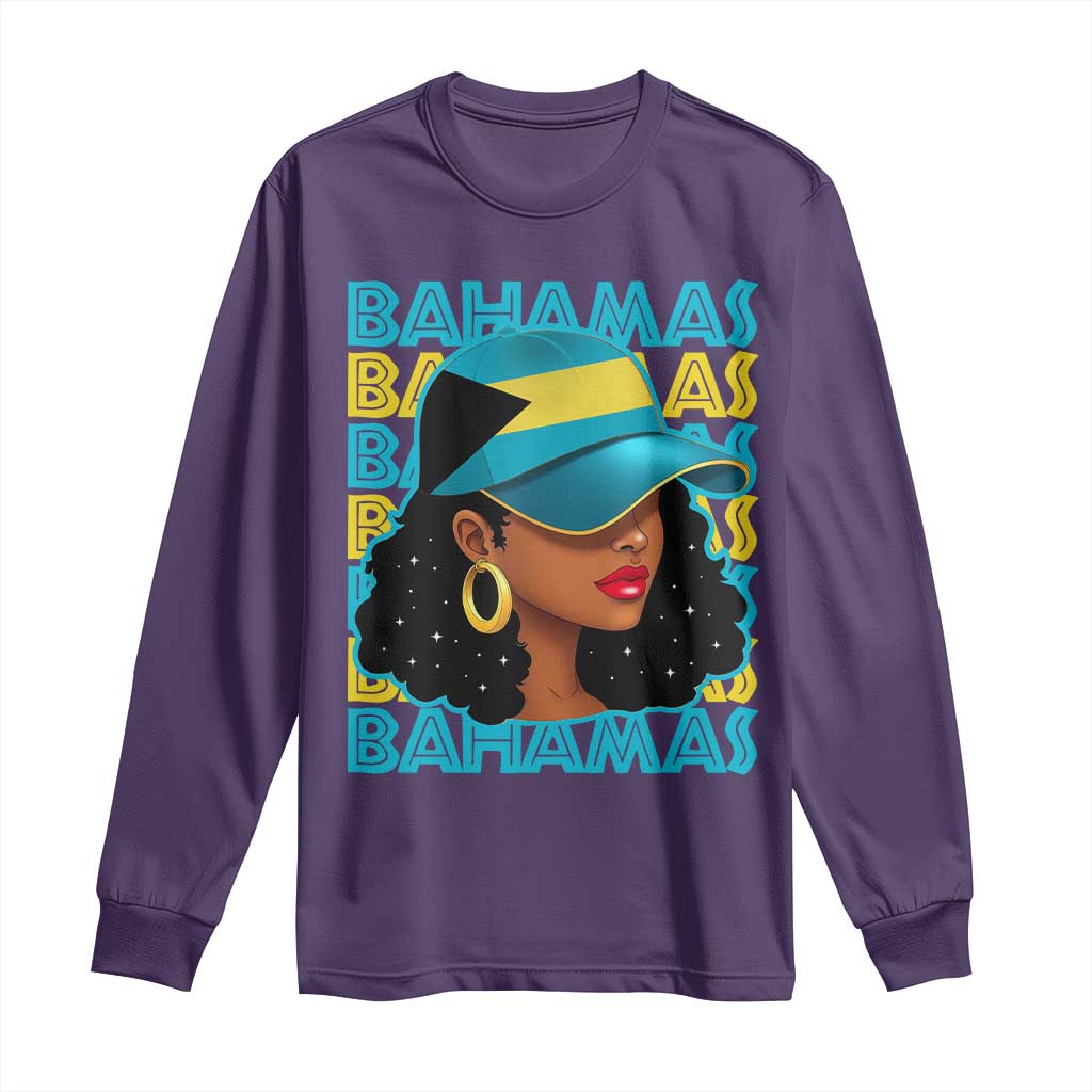 Bahamian Girl Long Sleeve Shirt Melanin Afro Messy Bun Black Woman Bahamas Flag - Wonder Print Shop