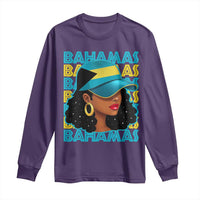 Bahamian Girl Long Sleeve Shirt Melanin Afro Messy Bun Black Woman Bahamas Flag - Wonder Print Shop