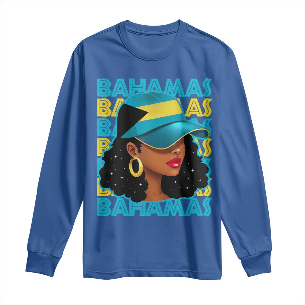 Bahamian Girl Long Sleeve Shirt Melanin Afro Messy Bun Black Woman Bahamas Flag - Wonder Print Shop