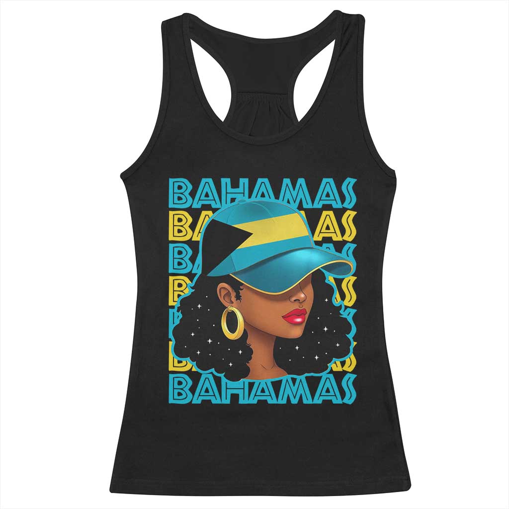 Bahamian Girl Racerback Tank Top Melanin Afro Messy Bun Black Woman Bahamas Flag - Wonder Print Shop