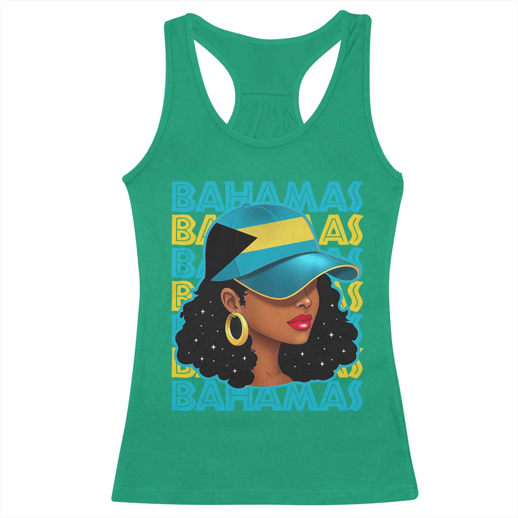 Bahamian Girl Racerback Tank Top Melanin Afro Messy Bun Black Woman Bahamas Flag - Wonder Print Shop