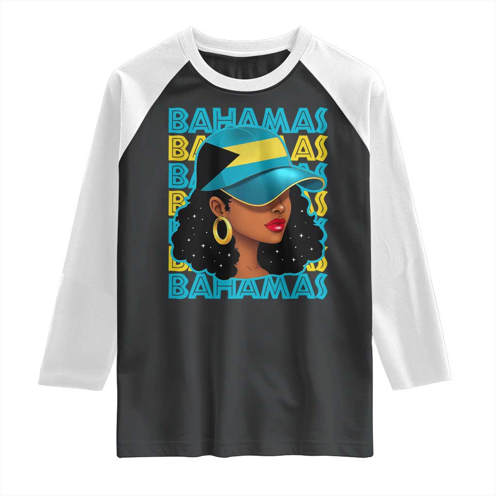 Bahamian Girl Raglan Shirt Melanin Afro Messy Bun Black Woman Bahamas Flag - Wonder Print Shop