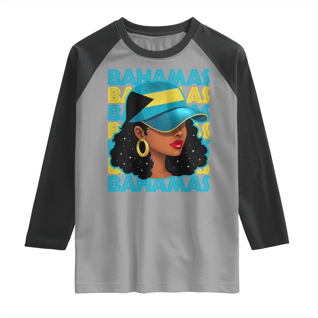 Bahamian Girl Raglan Shirt Melanin Afro Messy Bun Black Woman Bahamas Flag - Wonder Print Shop