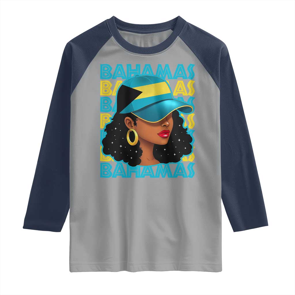 Bahamian Girl Raglan Shirt Melanin Afro Messy Bun Black Woman Bahamas Flag - Wonder Print Shop