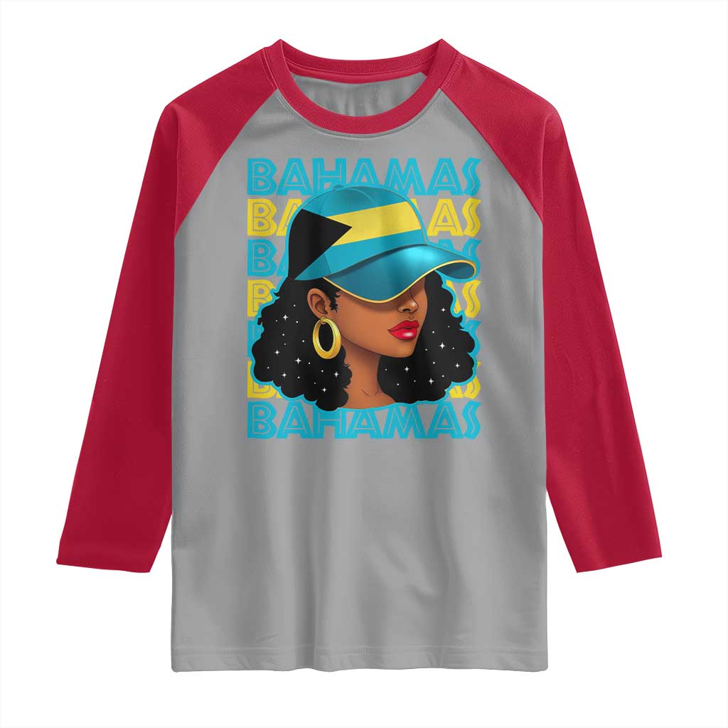 Bahamian Girl Raglan Shirt Melanin Afro Messy Bun Black Woman Bahamas Flag - Wonder Print Shop