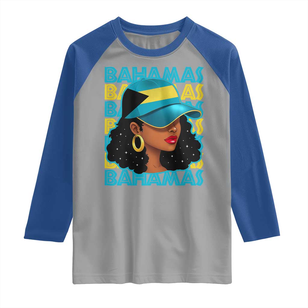 Bahamian Girl Raglan Shirt Melanin Afro Messy Bun Black Woman Bahamas Flag - Wonder Print Shop