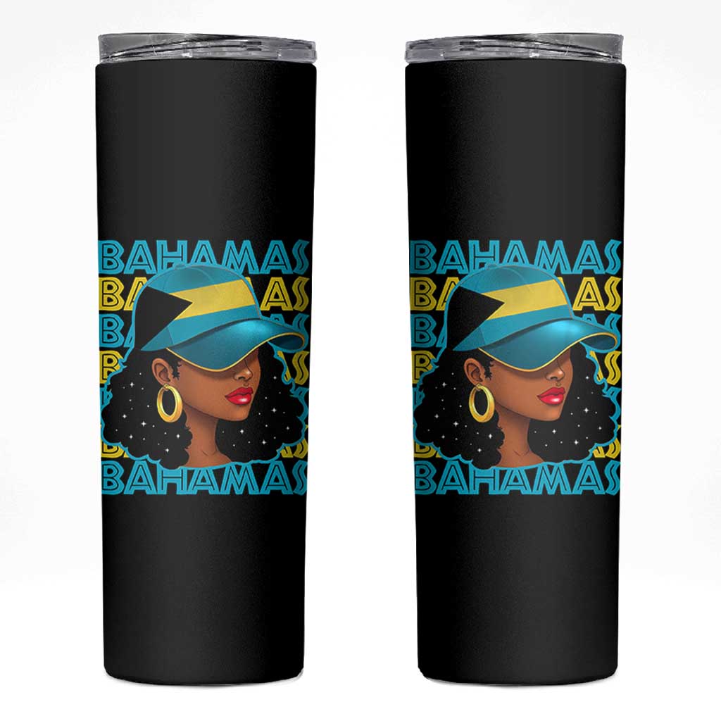 Bahamian Girl Skinny Tumbler Melanin Afro Messy Bun Black Woman Bahamas Flag - Wonder Print Shop