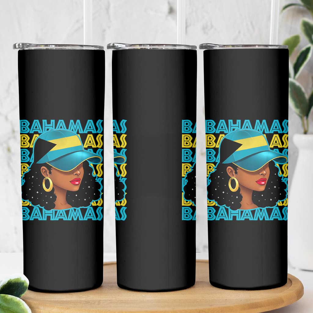 Bahamian Girl Skinny Tumbler Melanin Afro Messy Bun Black Woman Bahamas Flag - Wonder Print Shop