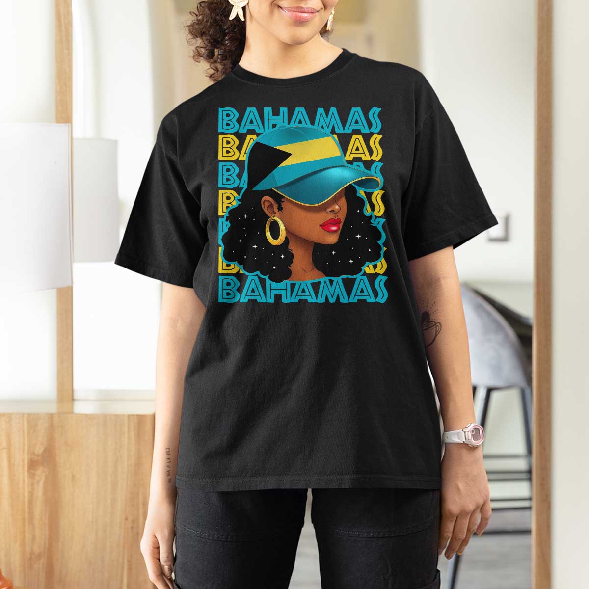 Bahamian Girl T Shirt For Women Melanin Afro Messy Bun Black Woman Bahamas Flag - Wonder Print Shop