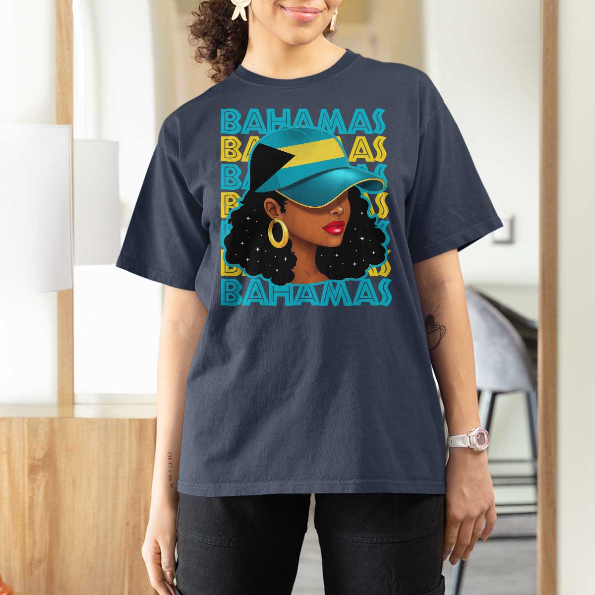 Bahamian Girl T Shirt For Women Melanin Afro Messy Bun Black Woman Bahamas Flag - Wonder Print Shop