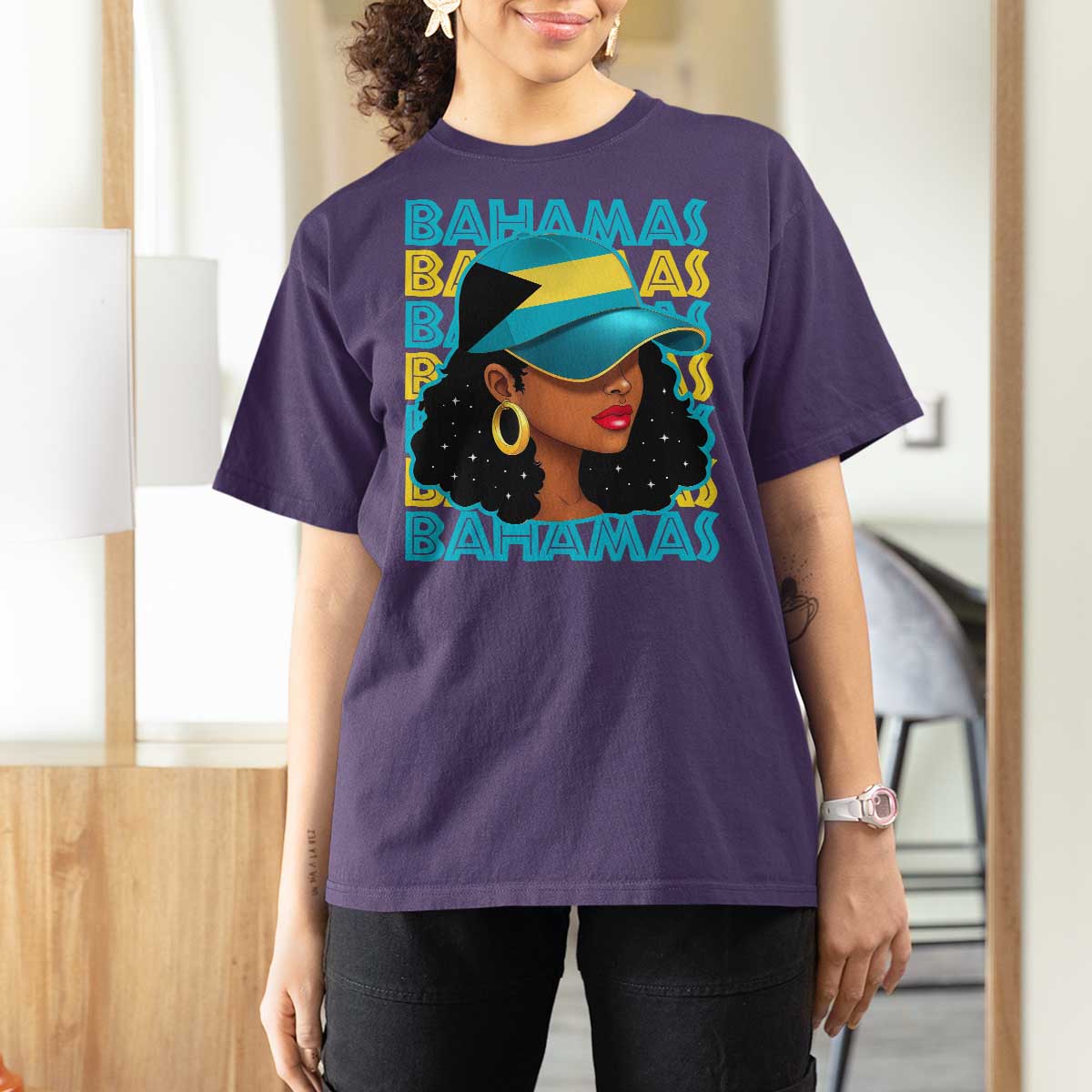 Bahamian Girl T Shirt For Women Melanin Afro Messy Bun Black Woman Bahamas Flag - Wonder Print Shop