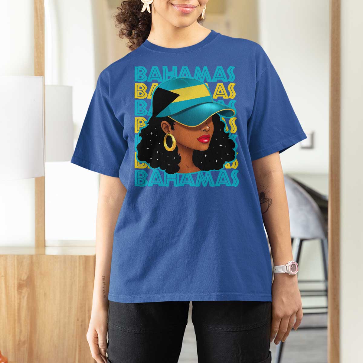 Bahamian Girl T Shirt For Women Melanin Afro Messy Bun Black Woman Bahamas Flag - Wonder Print Shop
