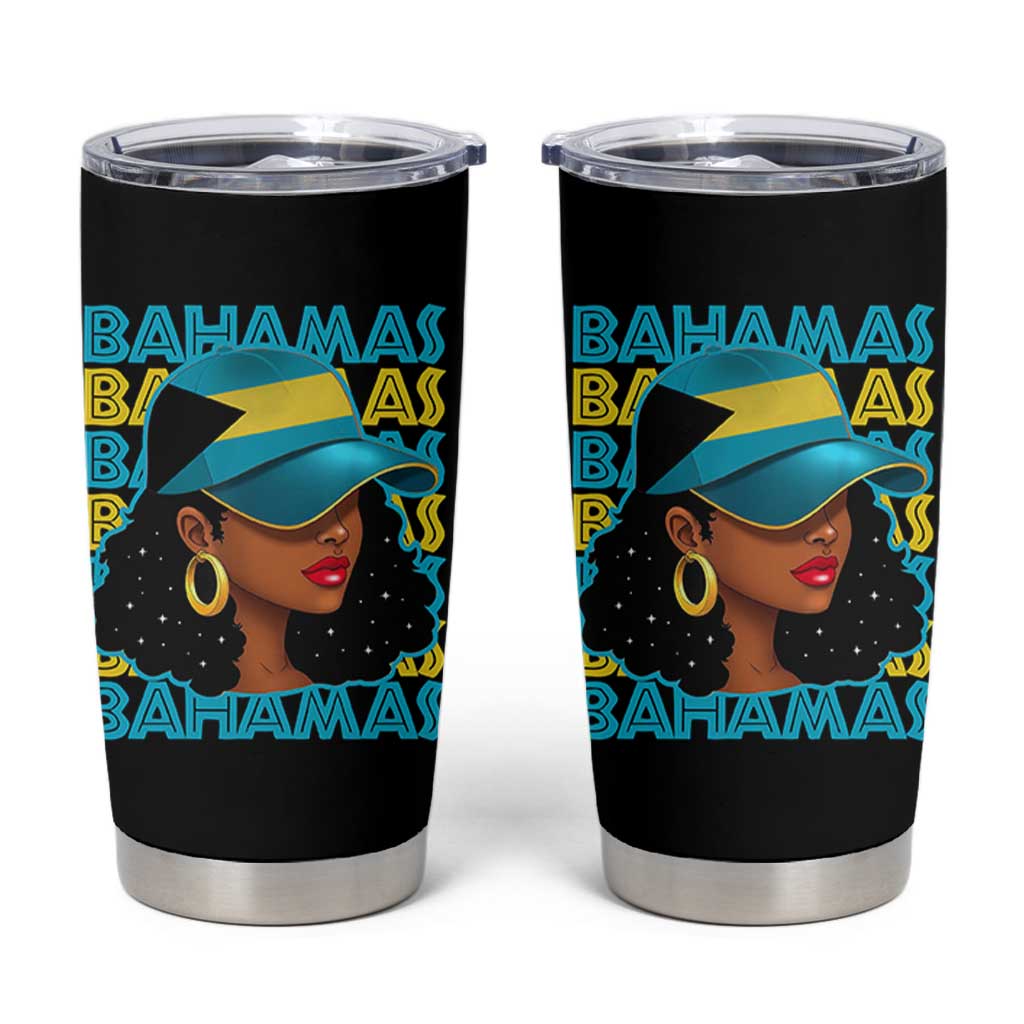 Bahamian Girl Tumbler Cup Melanin Afro Messy Bun Black Woman Bahamas Flag - Wonder Print Shop