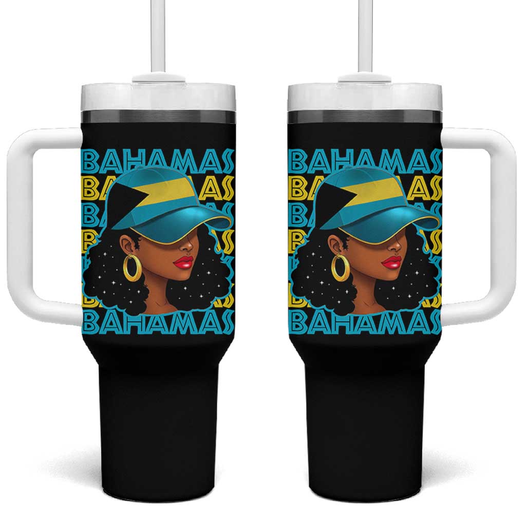 Bahamian Girl Tumbler With Handle Melanin Afro Messy Bun Black Woman Bahamas Flag - Wonder Print Shop