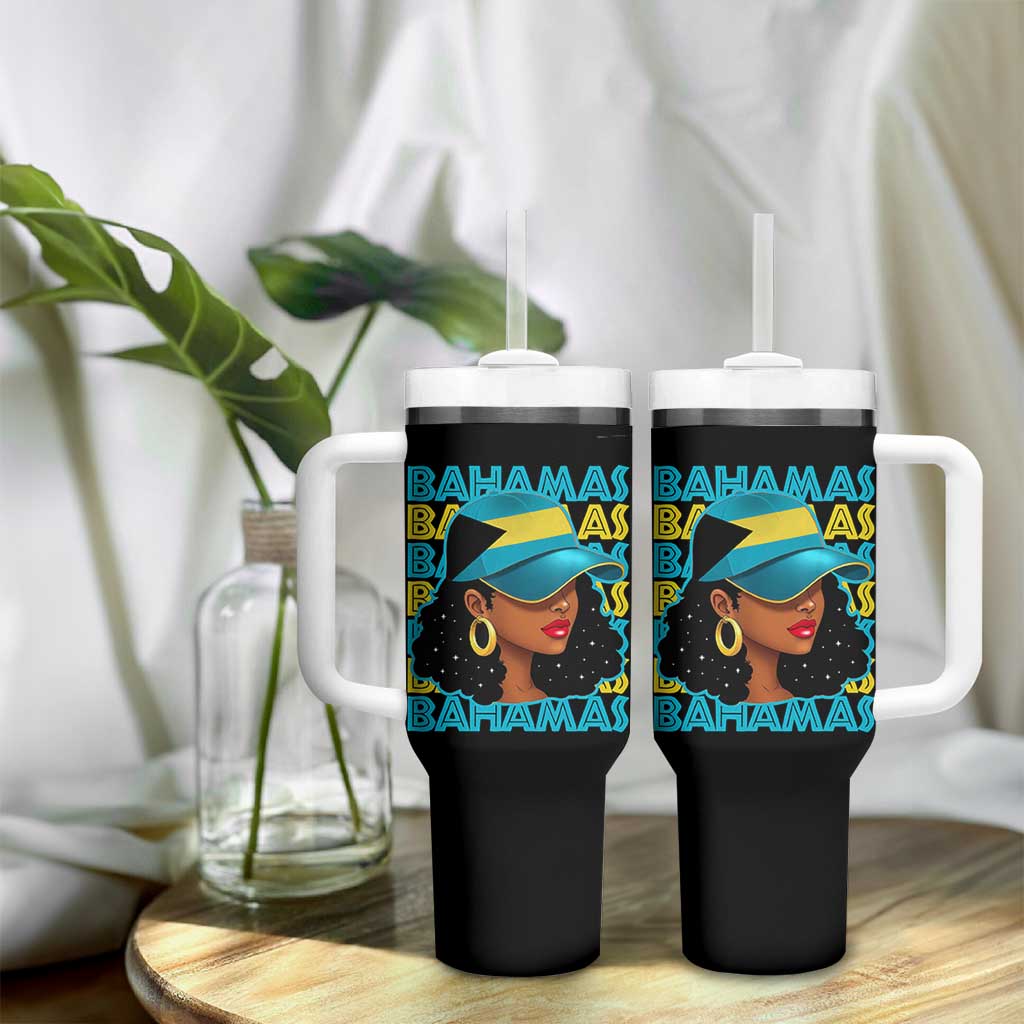 Bahamian Girl Tumbler With Handle Melanin Afro Messy Bun Black Woman Bahamas Flag - Wonder Print Shop